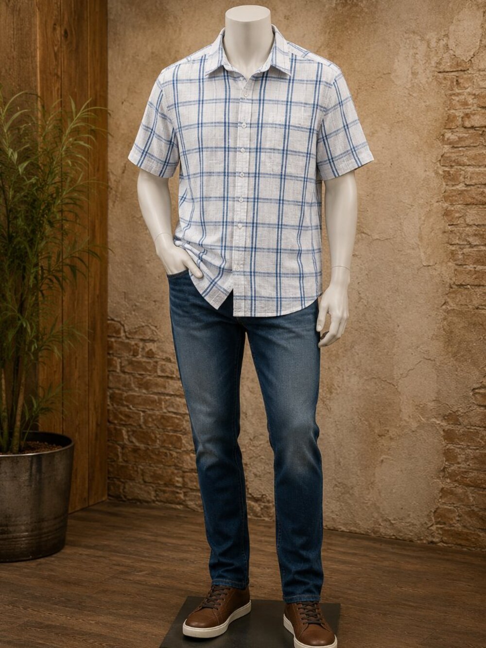 Basic Elements Men's Blue & White Plaid Button-Down Shirt |